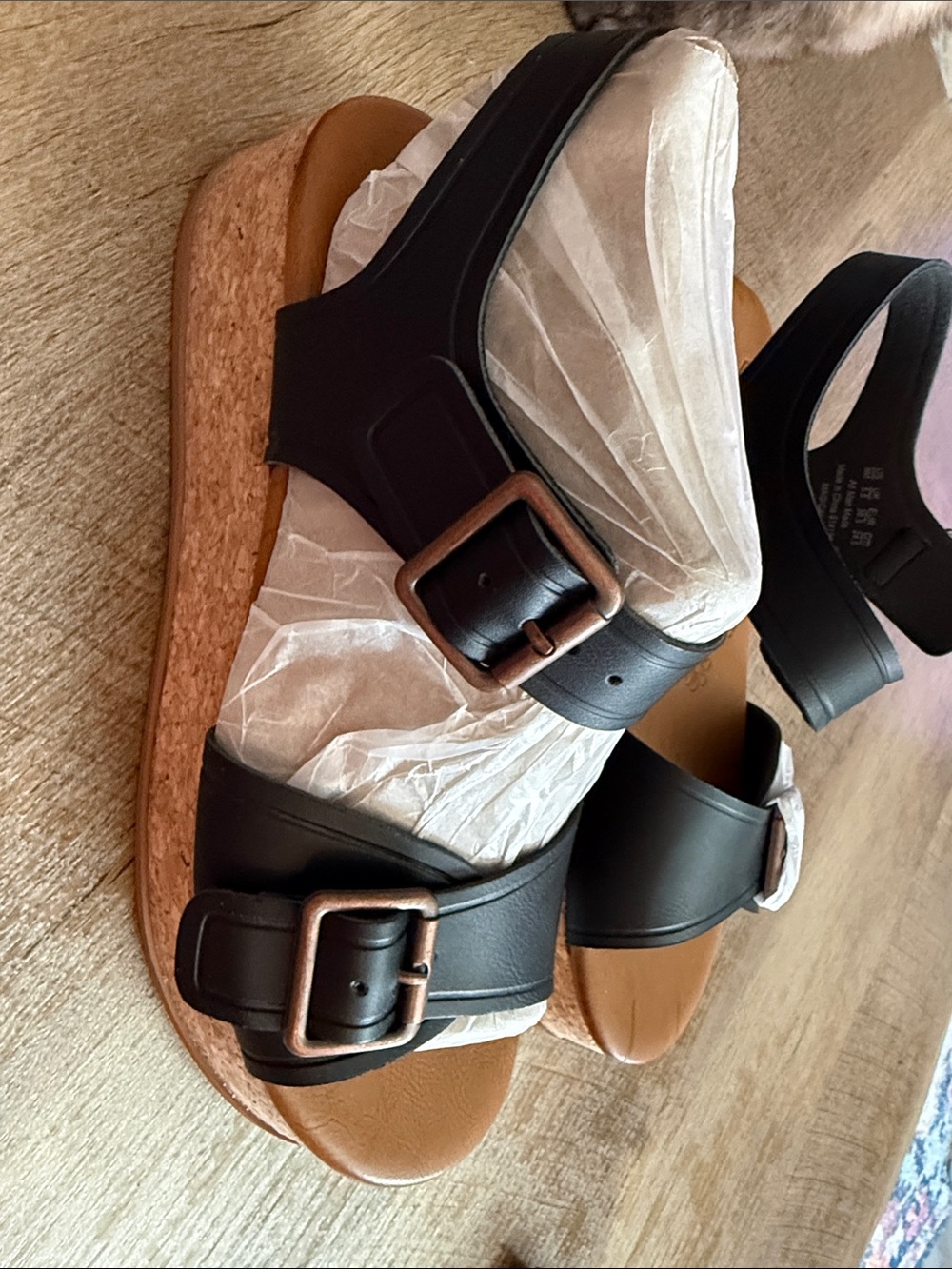 Women's Black Wedge Sandals with Tan Cork Sole - Picture 3 of 3